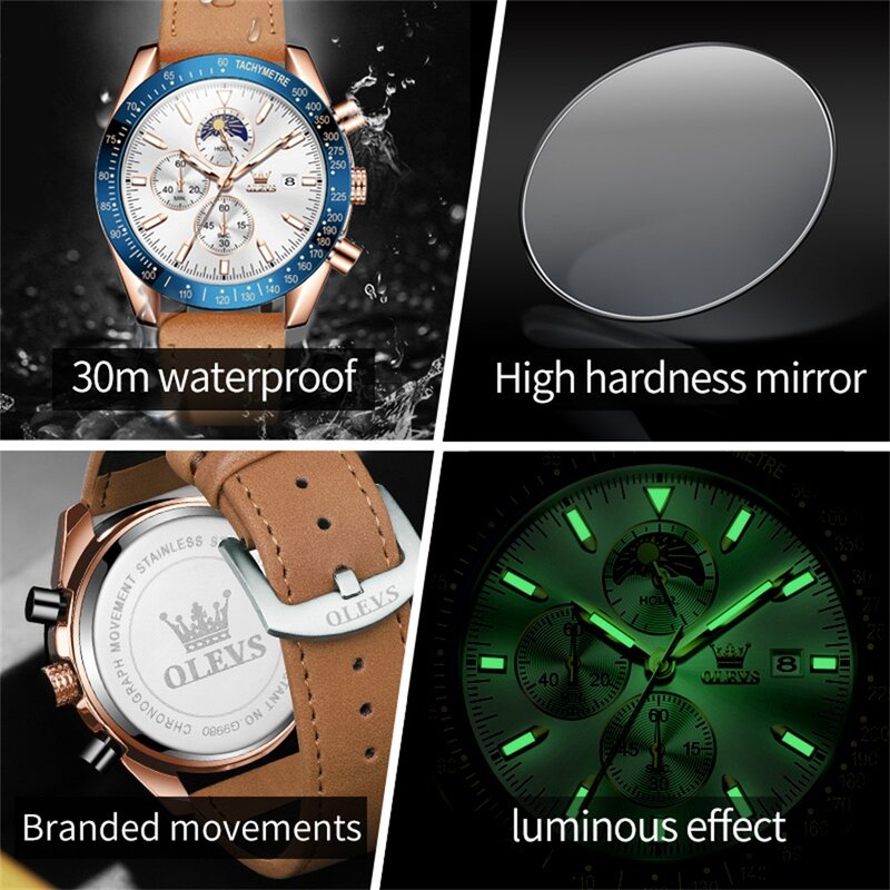 OLEVS-Relógio de pulso de couro impermeável masculino, relógios quartzo, relógio casual, cronógrafo luminoso, alta qualidade, luxo