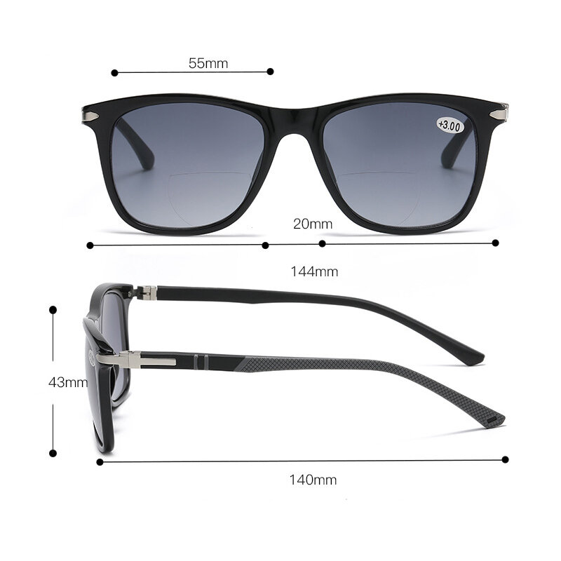 Unisex Bifocal Reading Glasses Classic Square HD Lens Presbyopia Near and Far Eyewear Vintage UV Shades Sports Sunglasses +3.5