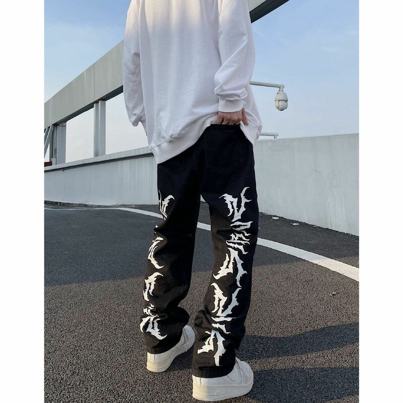 High Street White Letter Flame Printing Jeans Men's and Women's Straight Loose Versatile Pants Small Hip Hop Pants ins men pant