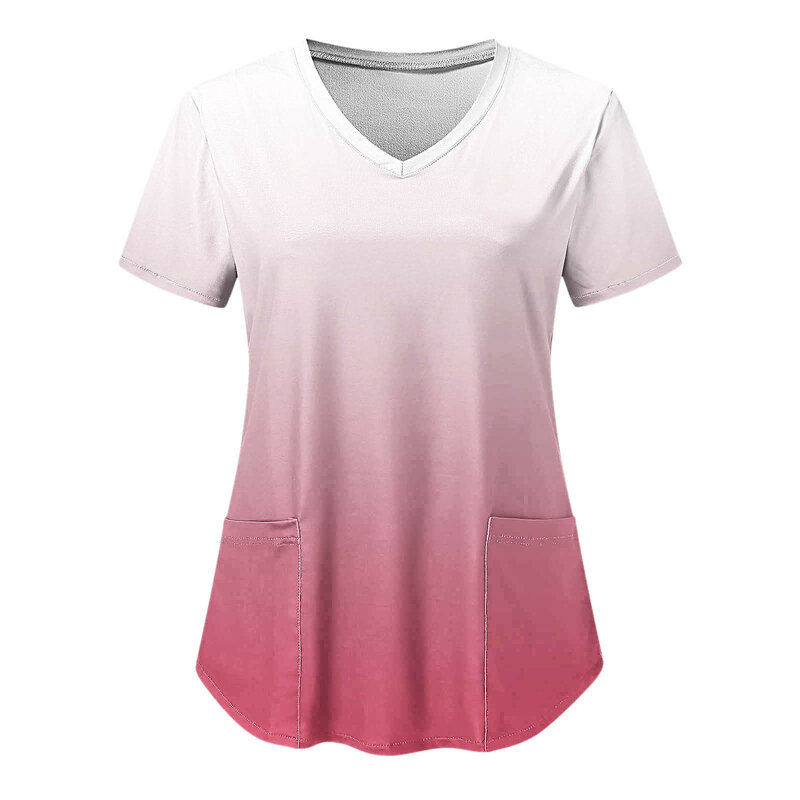Tuniek Scrub Tops Vrouwen Gradiënt Print Verpleegsters Uniform Overalls Zak Shirt Verpleegkundige Gezondheidszorg Scrubs Shirt Met Zakken