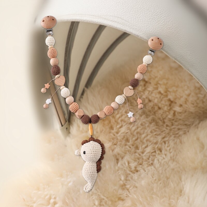 Baby Wooden Pacifier Clip Chain Teether Toys Crochet Sea Horse Beads Mobile Crib Stroller Cart Chain Nipple Clip Teether Toys