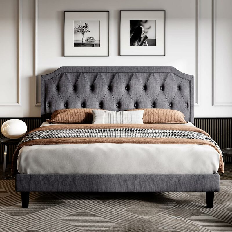 Upholstered Platform Bed with Curved Rhombic Button Tufted Headboard, Easy Assembly