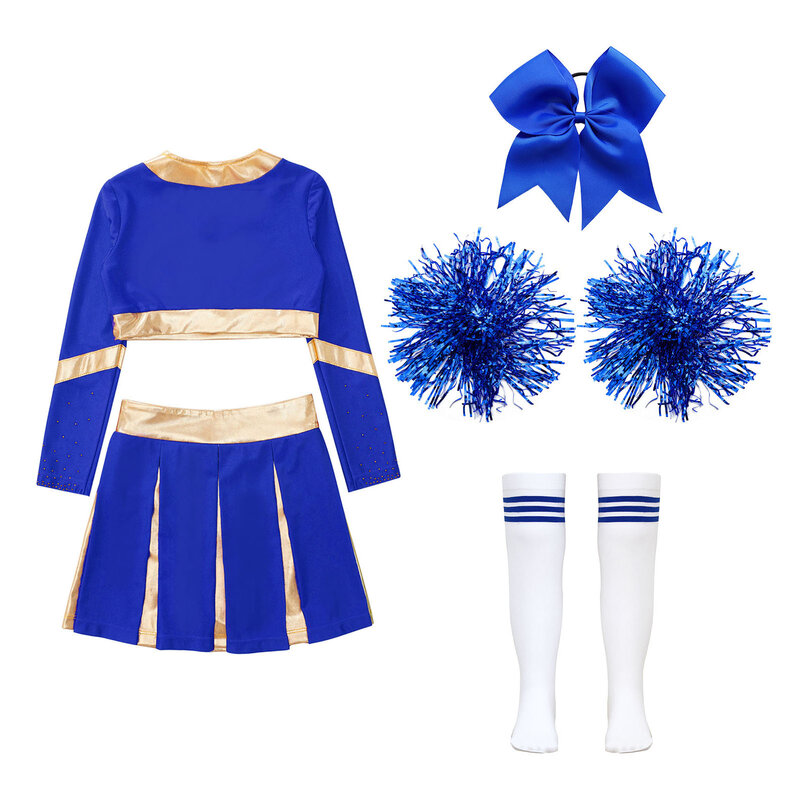 Girls Cheerleading Dance Performance Costume Schoolgirl Cheer Uniform Crop Top with Pleated Skirt Headwear Stockings Flower Ball