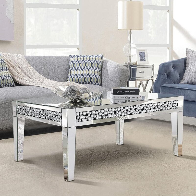 Rechteck verspiegelter Couch tisch, silberner Wohnzimmer tisch mit Kristalldiamant-Inlay, moderner Luxus-Spiegelmöbel-Tee tisch