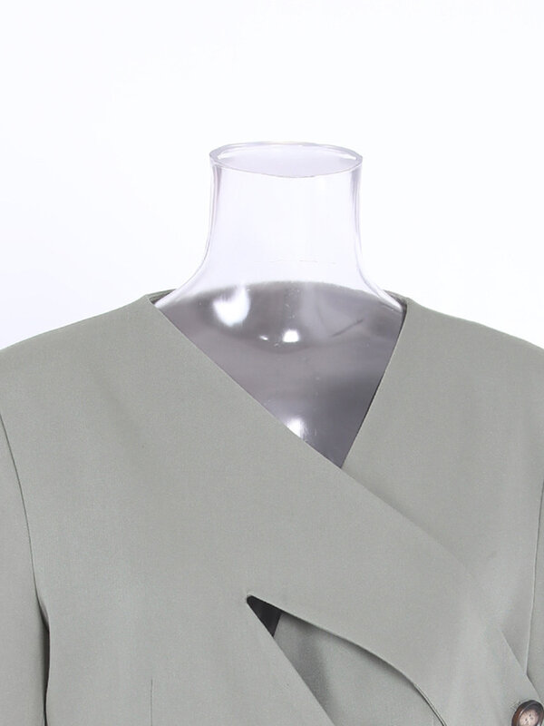Женский блейзер с длинным рукавом EAM, серый пиджак с V-образным вырезом, на пуговицах, с перекрестными вырезами, весна-осень 2024