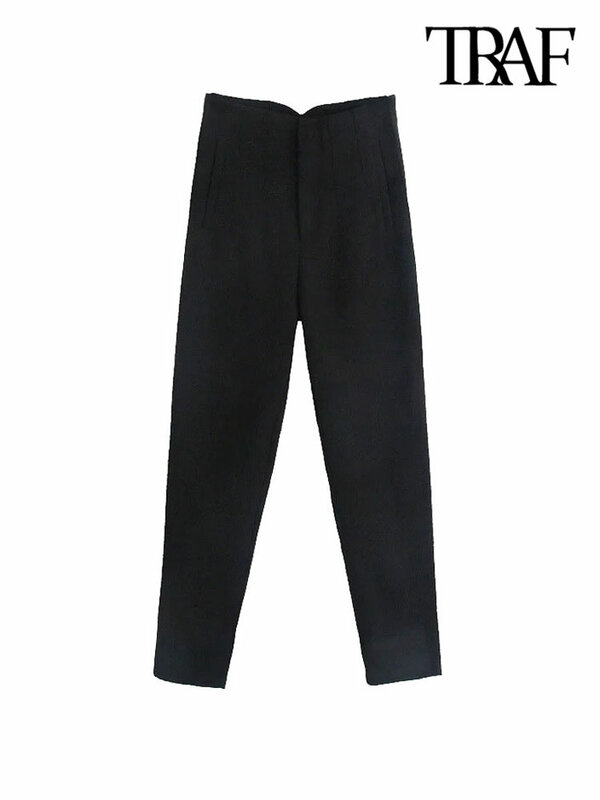 TRAF-Pantalones tobilleros de cintura alta con cremallera para Mujer, pantalón elegante con detalle de costura, Estilo Vintage, para oficina