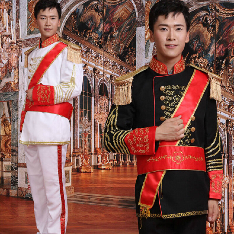 Herren Hof kleidung, Grand Marshal Kleidung, Drum Band Kleidung, Schwarz-Weiß General Prince Kleidung, Stage Performance Kleidung
