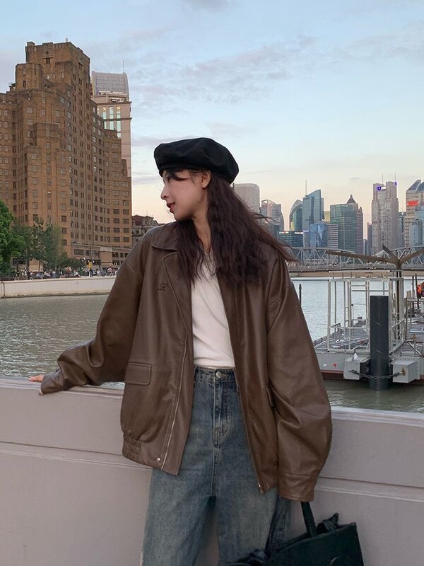 Женская винтажная куртка из искусственной кожи, куртка оверсайз из искусственной кожи в стиле панк, повседневная укороченная верхняя одежда