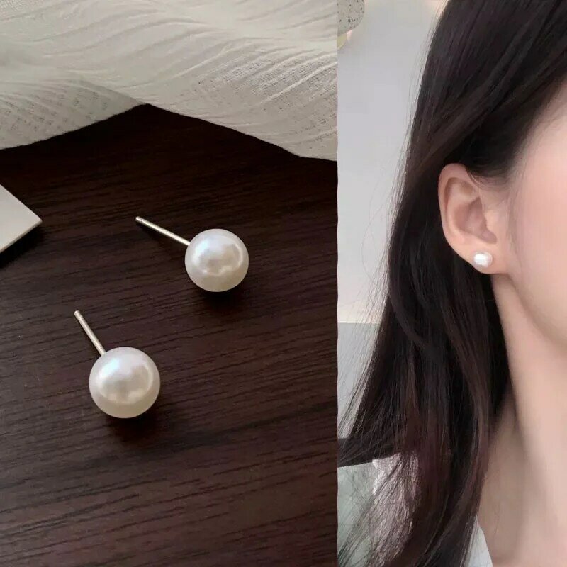 Real 925 Sterling Silver Round Pearl Stud Earrings For Women Classic Fine Jewelry Minimalist Geometryic Accessories