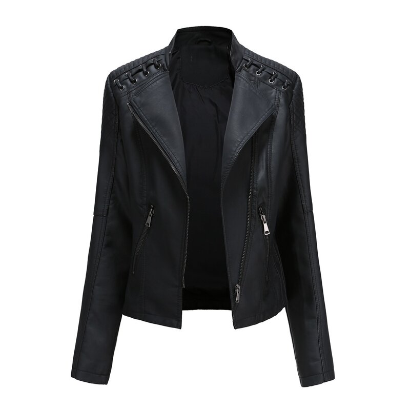 Jaqueta de couro feminina em tamanho europeu, slim fit, alças de gravata, terno de motocicleta, colarinho grande, primavera