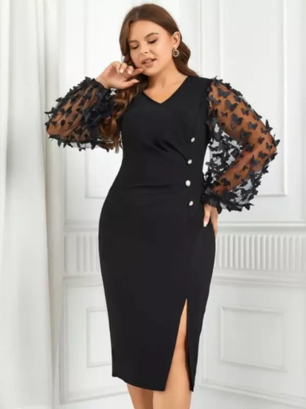 Черные платья-миди, прозрачные платья с пышными длинными рукавами и аппликацией в виде бабочки, шикарные вечерние костюмы для женщин