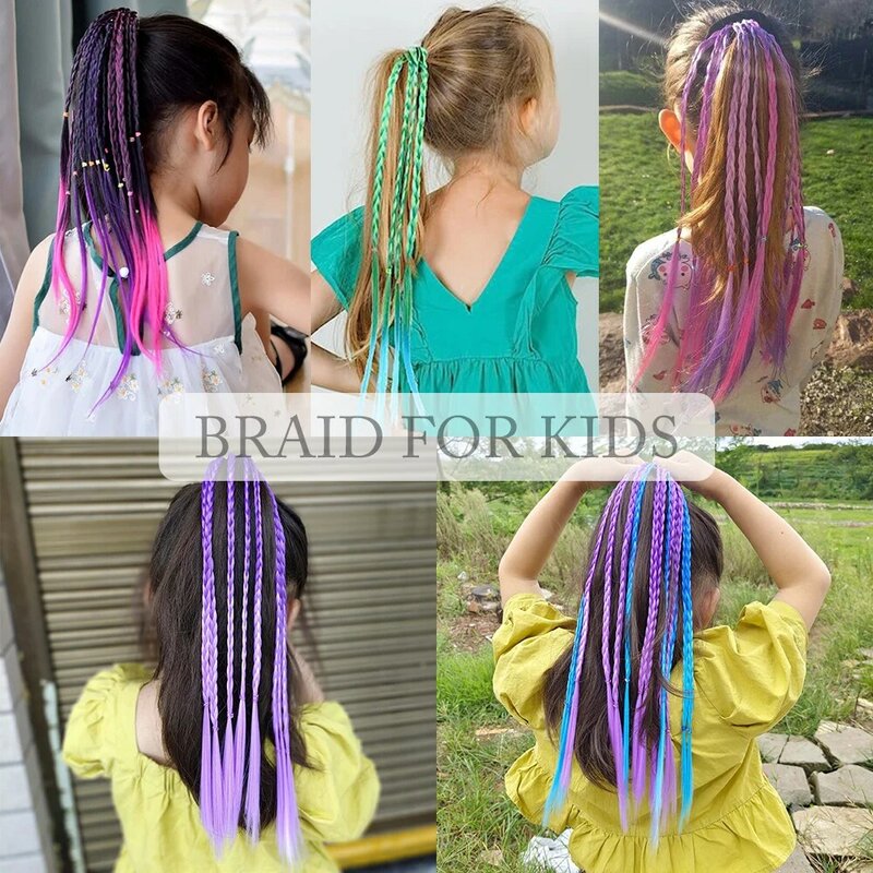 Extensiones de Cabello sintético con trenzas coloridas, coletas trenzadas de arcoíris con bandas de goma, accesorios para el cabello para niños y niñas