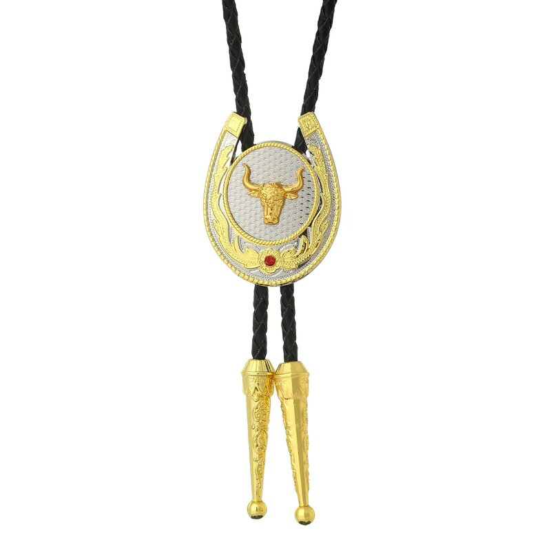 Натуральный камень, золотой U-образный галстук с головой быка для мужчин, индийский ковбойский Западный кожаный шнур из коровьей кожи, галстук из цинкового сплава