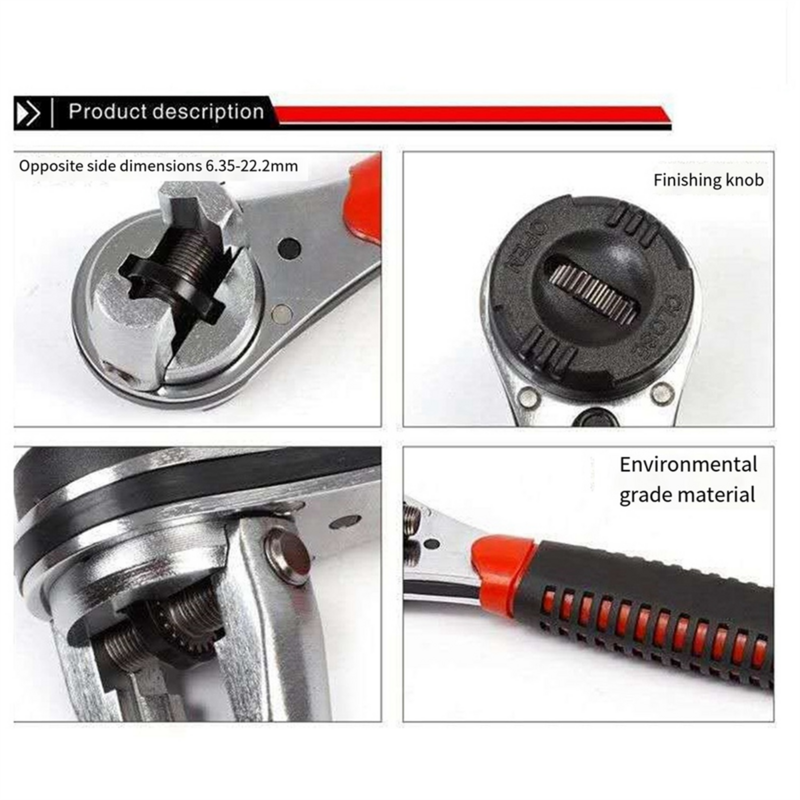 Universal Adjustable Ratchet Wrench is Suitable for 6-22mm Screw Adjustable Socket Wrench with Anti-Slip Handle.