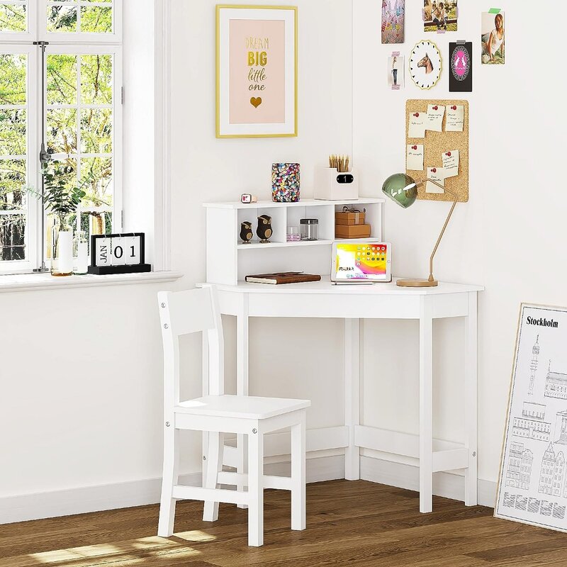 Mesa de estudo de madeira com cadeira para crianças, mesa infantil, escrivaninha, armazenamento e hutch, casa, uso escolar, branco