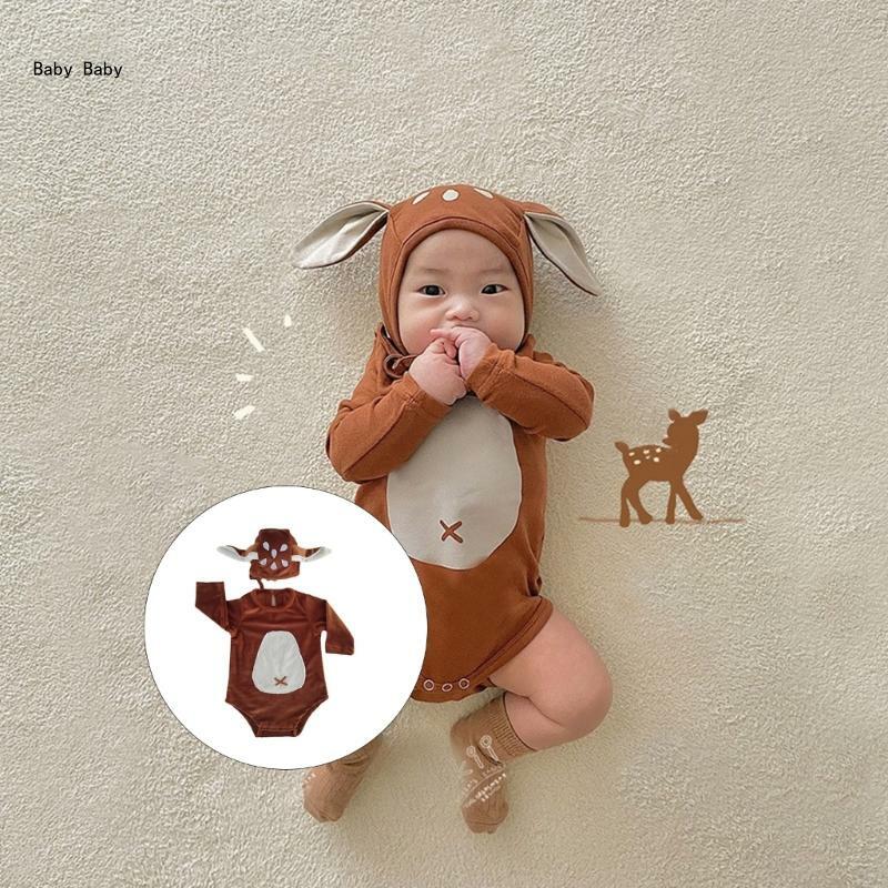 Newborn Photography Suit Romper & Deer Ear Beanie Hat Jumpsuit Photo Posing Props Set Baby Photoshoot Props Bodysuit Q81A