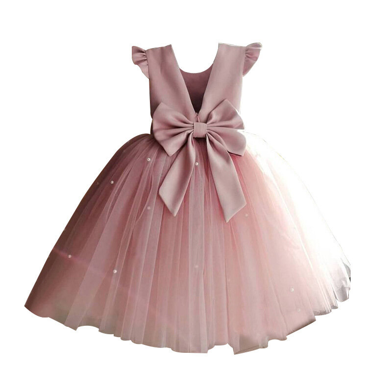 Vestido de fiesta de boda de princesa para niños y bebés, vestido de tul sin mangas con lazo y perlas, color rosa, corto y elegante
