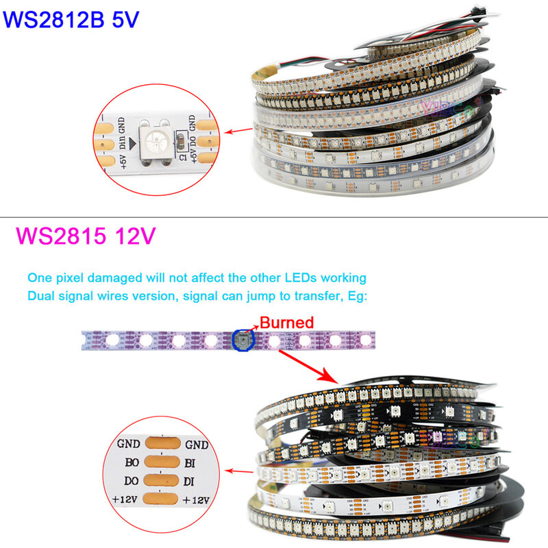 WS2812B WS2812 setrip LED 5V 12V, setrip pita LED WS2815, 5050 piksel, lampu RGB 30/60/74/96/144 LEDs/m lampu ajaib IP30/65/67