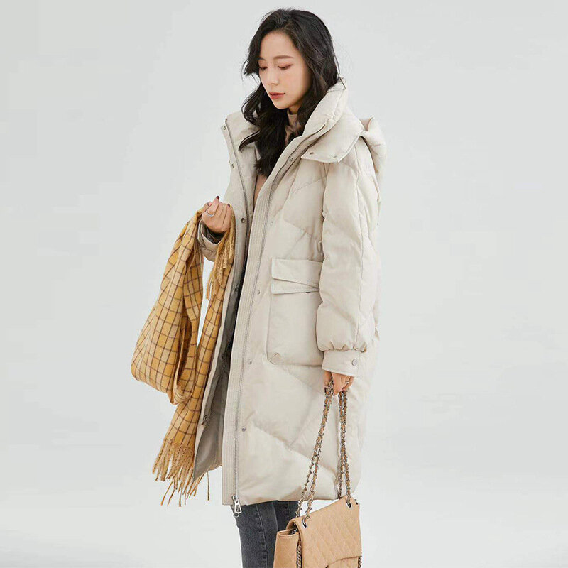 새로운 겨울 따뜻한 방풍 숙녀 화이트 덕 다운 후드 재킷 코트, 긴 따뜻한 숙녀 패딩 재킷 코트 2023
