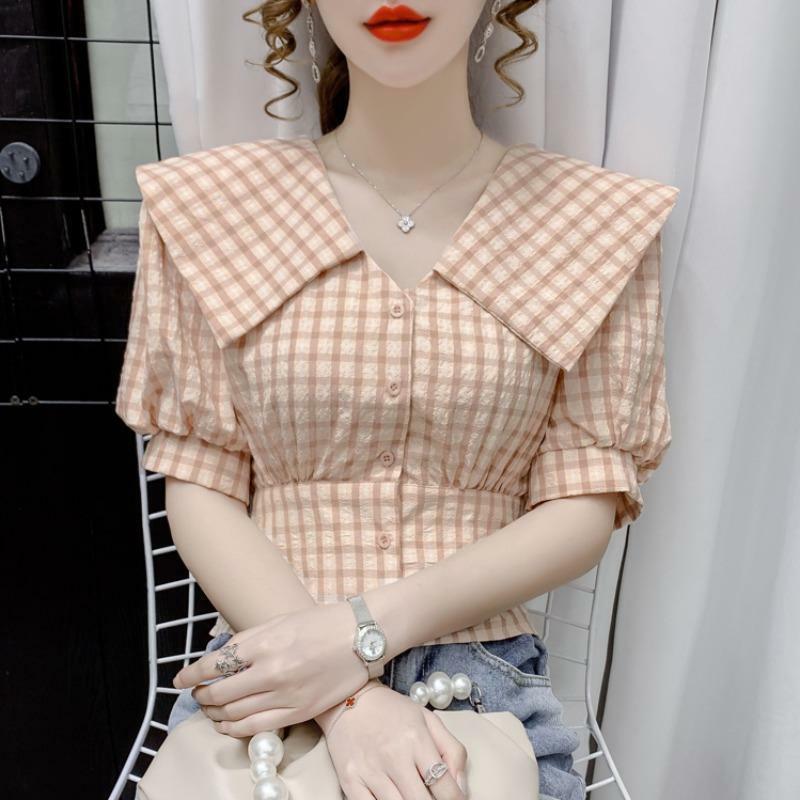 Women's Lapel Blouses Summer New Commute Shorts Plaid Printed Spliced Loose Casual All-match Puff Sleeve Single-breasted Shirts