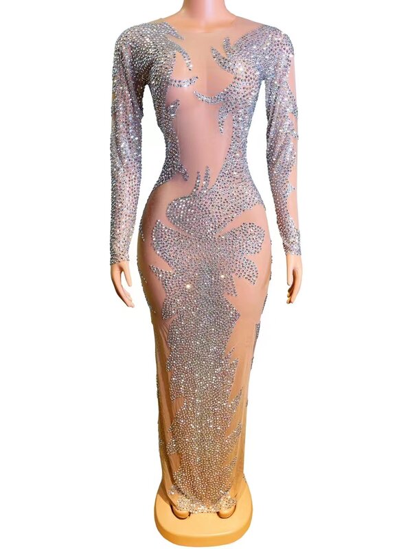 Peanut Skin Tone Full Diamond Long SleevedMesh Wrap Buttocks Dress Singer ModelNightclub Bar Performance Clothing A483