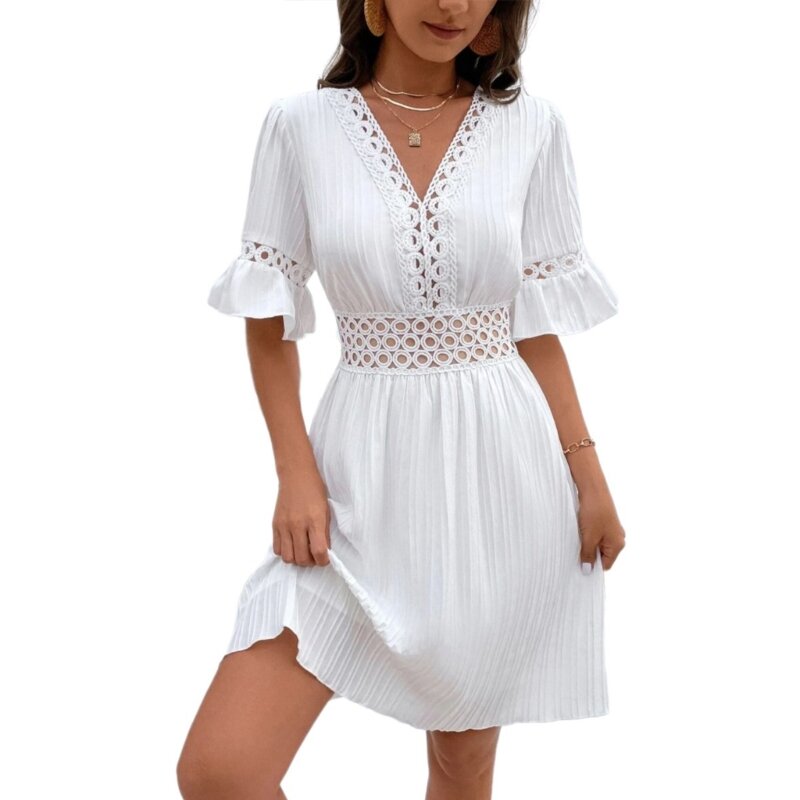 Womens Summers Flared Sleeve Minis Dress Vneck Highs Waist Flowys A Line Dresses Drop Shipping