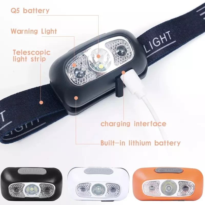 Lampu utama Sensor gerak Mini, lampu besar Sensor gerak tubuh dengan 3 mode, lampu obor isi ulang daya USB, lampu berkemah tahan air luar ruangan