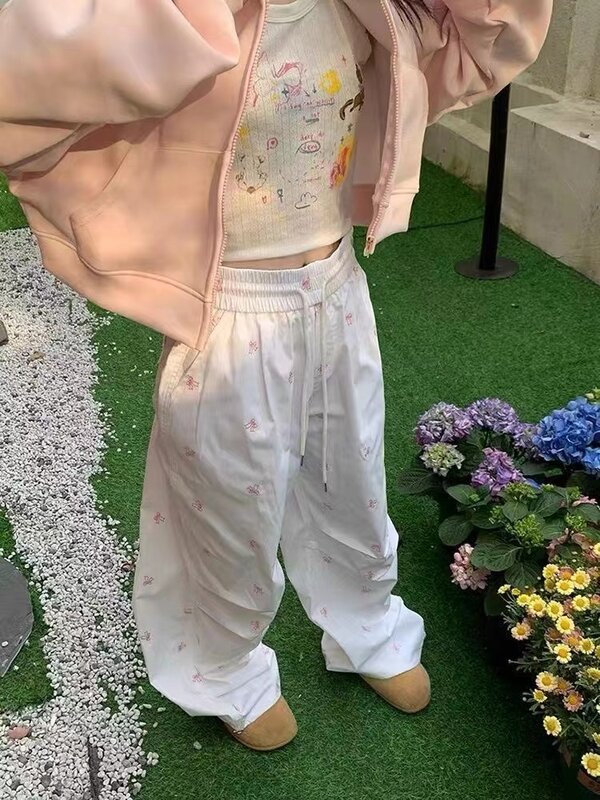 Celana parasut motif pita merah muda Baggy celana panjang kaki lebar pinggang tinggi Harajuku wanita celana olahraga Jogger kasual Streetwear Y2k