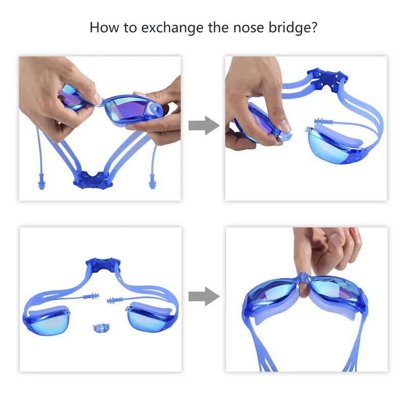 NICEAO kacamata renang lapisan elektronik, HD tahan air tanpa bocor anti-kabut dapat disesuaikan lembut dengan colokan telinga gratis klip hidung