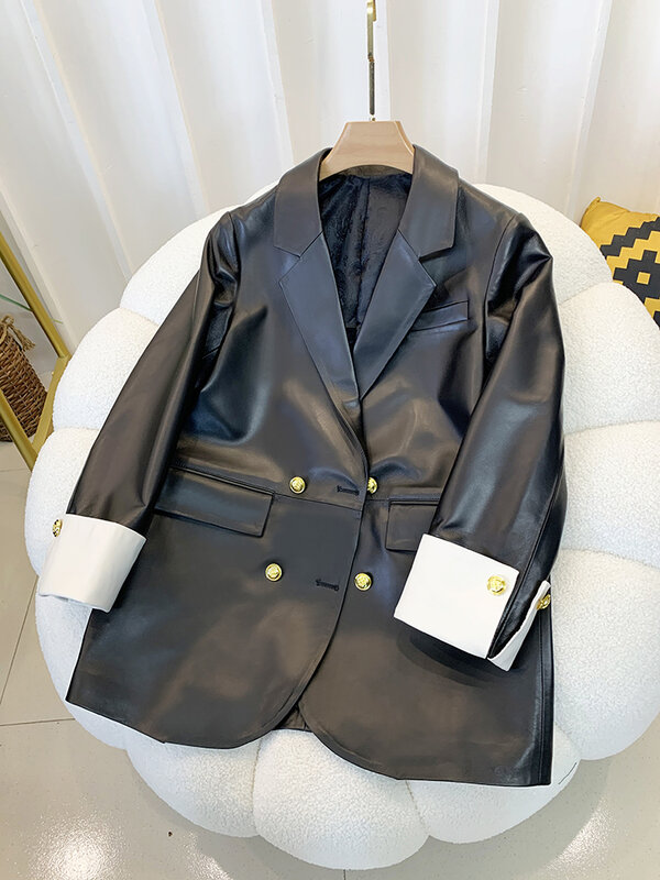 2024 Spring Korean Style Fashion Women's High Quality Genuine Leather Double-breasted Blazers Jackets Elegant Leather-coat C012