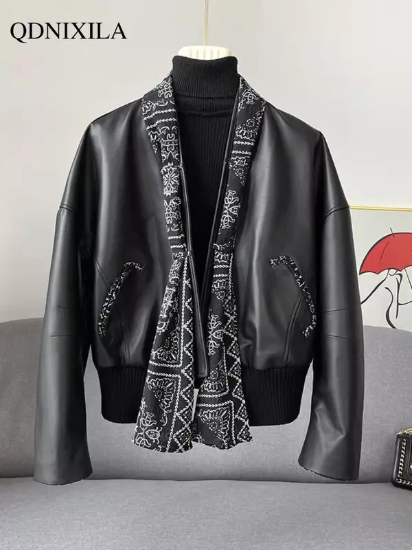 여성용 가죽 재킷, 용수철 재킷, 짧은 캐주얼 블랙 모조 양가죽 재킷, 여성 코트, 신상 아우터, 2024