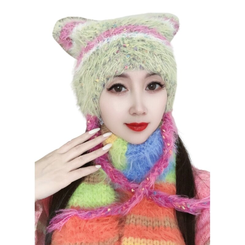 Halloween Kitten Ear Knit Beanie Hat Striped Party Holiday Winter Warm Hat