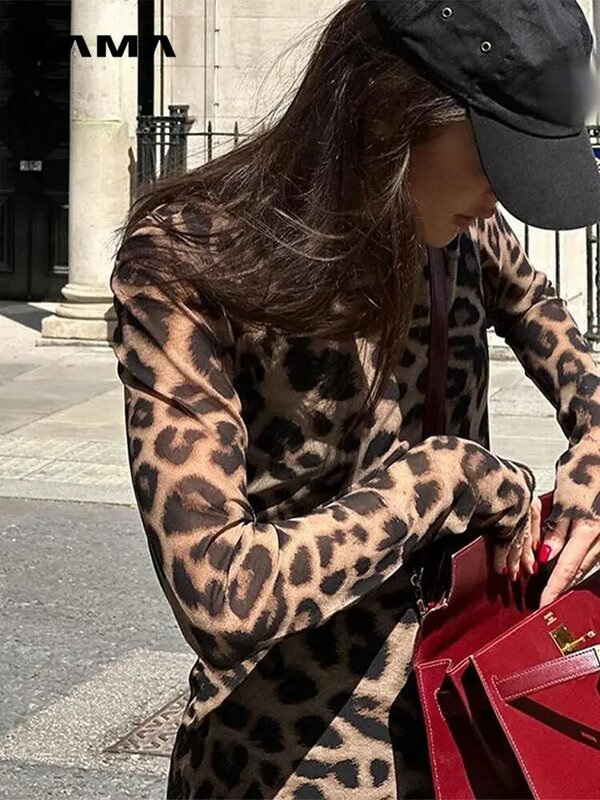 Sexy Leoparden muster Mini kleid für Frauen einfache Rundhals ausschnitt lange Ärmel schlanke Vestidos 2024 weibliche Mode High Streetwear
