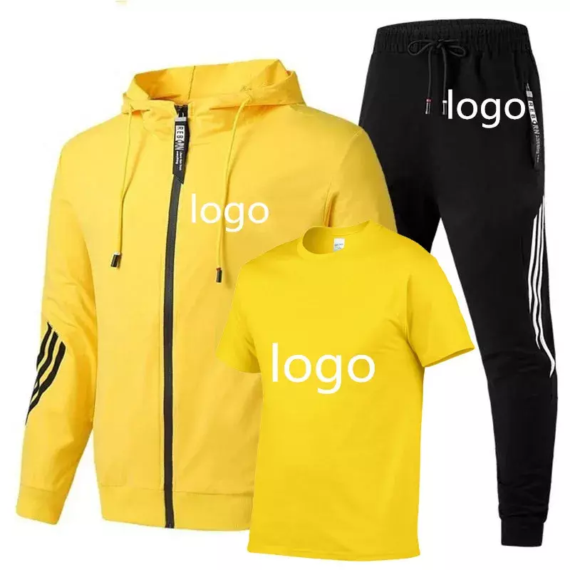 Мужские куртки с логотипом под заказ, высококачественный хлопковый Мужской свитшот в стиле ретро в полоску + футболка + спортивные брюки, комплект из 3 предметов