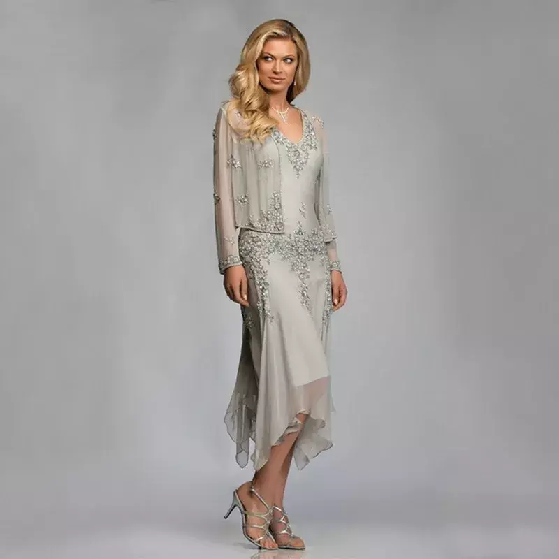 2024 Elegant Silver Chiffon Mother of the Bride Groom Dresses with Jackets Summer Tea Length Lace Godmother Wedding Party Gowns