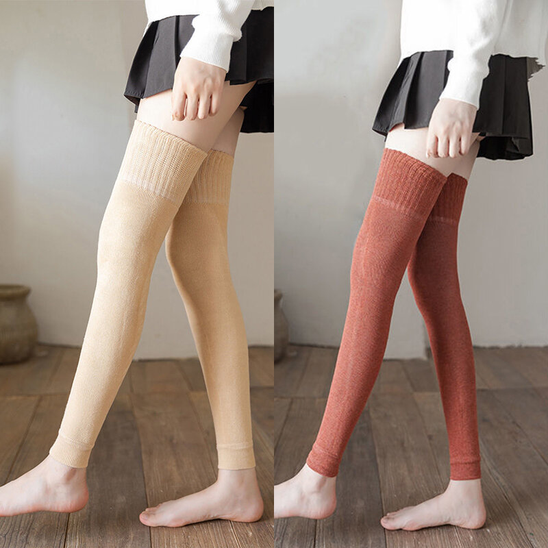 Kaus kaki rajut wanita, Legging hangat di atas lutut warna Solid, kaus kaki tabung panjang wol hangat lengan kaki katun musim dingin