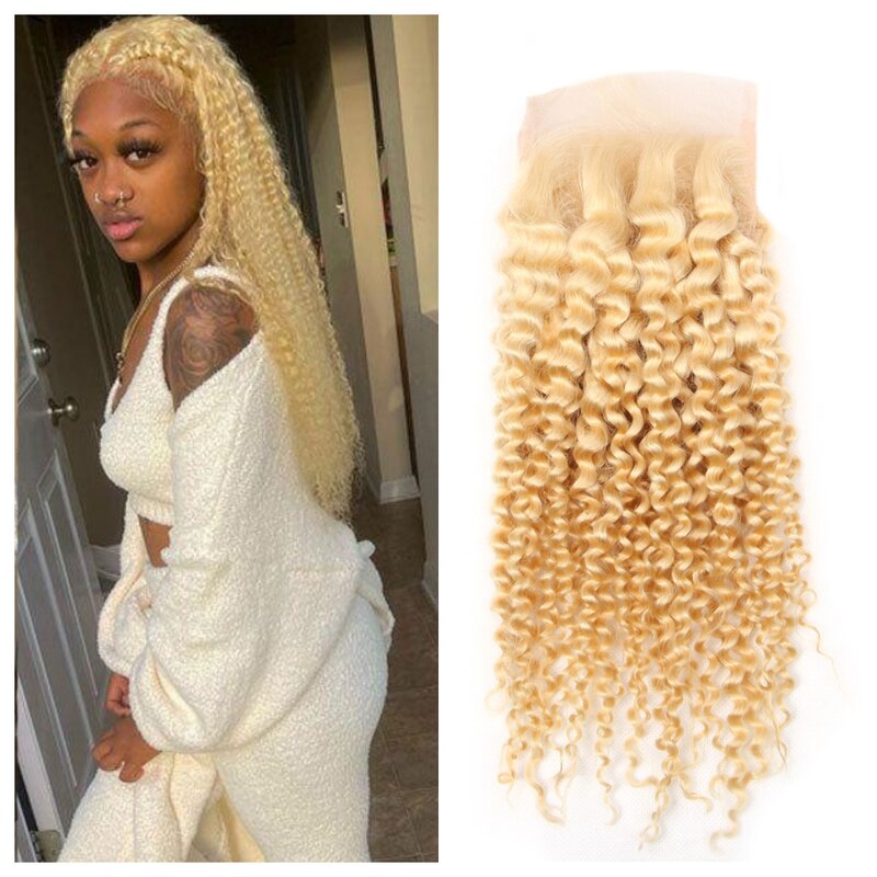 613 Honey Blonde Kinky Curly 4x4 Lace Closure Free Part Transparent Lace 100% Human Hair Pre Plucked With Baby Hair 10-20 Inches