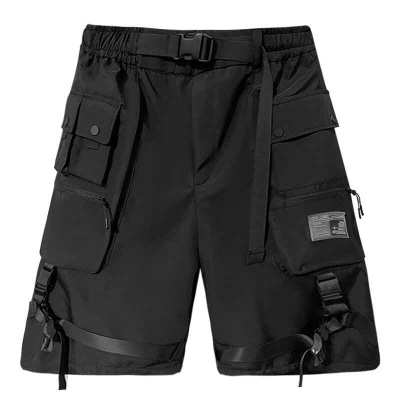 Summer Hip Hop Men's Shorts Ribbon Cargo Shorts Male Outdoors Knee Length Short Pants Men Woman Black New Streetwear