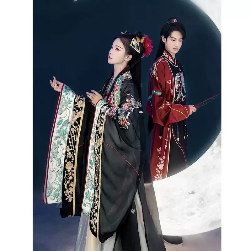 HanshangHualian Biyue Space 블랙 중국 전통 원피스 한푸 로브, 여성 요정 커플, 오리지널 풀 가슴 세트, 가을 옷