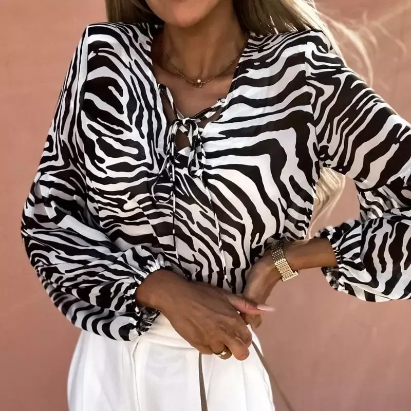 2024 autunno e inverno Pullover da donna Zebra Print Lace Up con scollo a v allentato moda Casual elegante pendolare manica lunga top OFE14