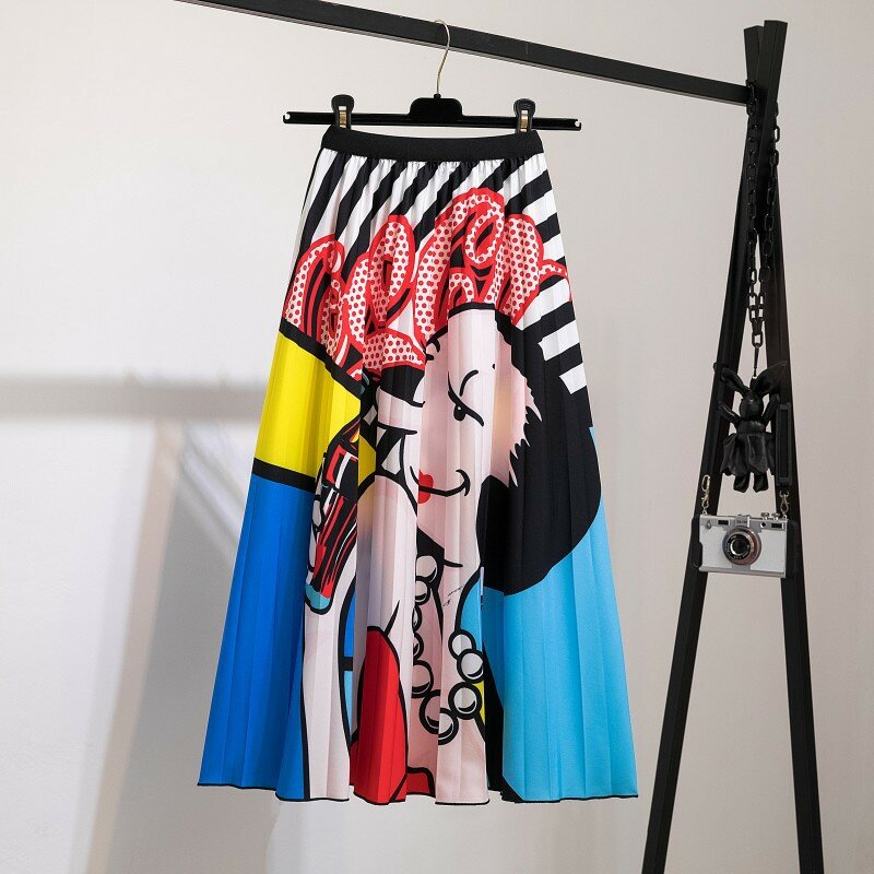 Falda plisada con estampado de dibujos animados para mujer, faldas largas, talla grande, verano, Japón
