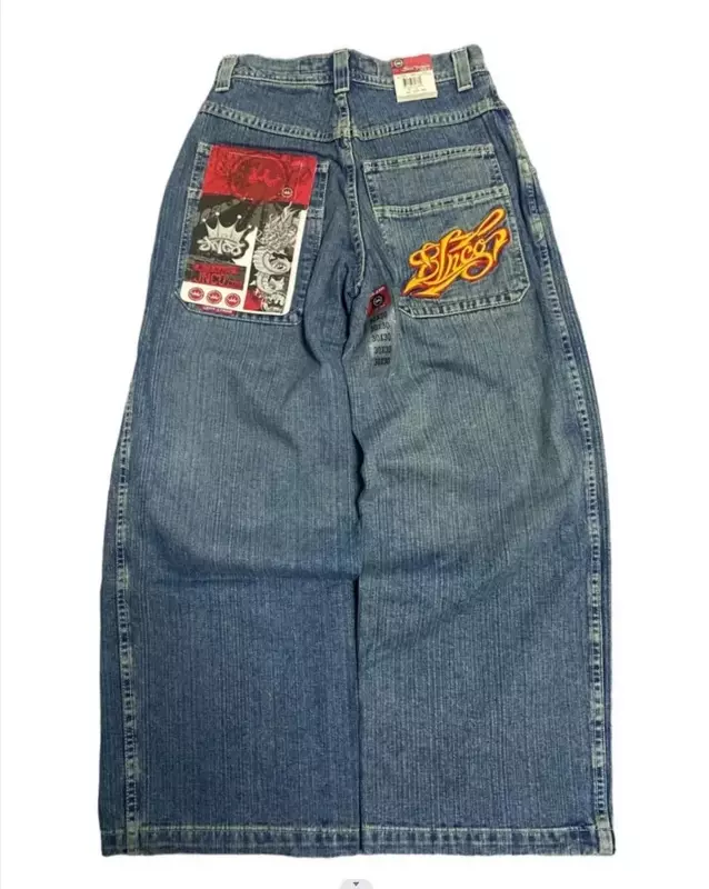Jeansy Hip Hop JNCO ulica Harajuku kieszonkowe luźne dżinsowe spodnie z szerokimi nogawkami męskie Retro nowy proste spodnie z wysokim stanem mody