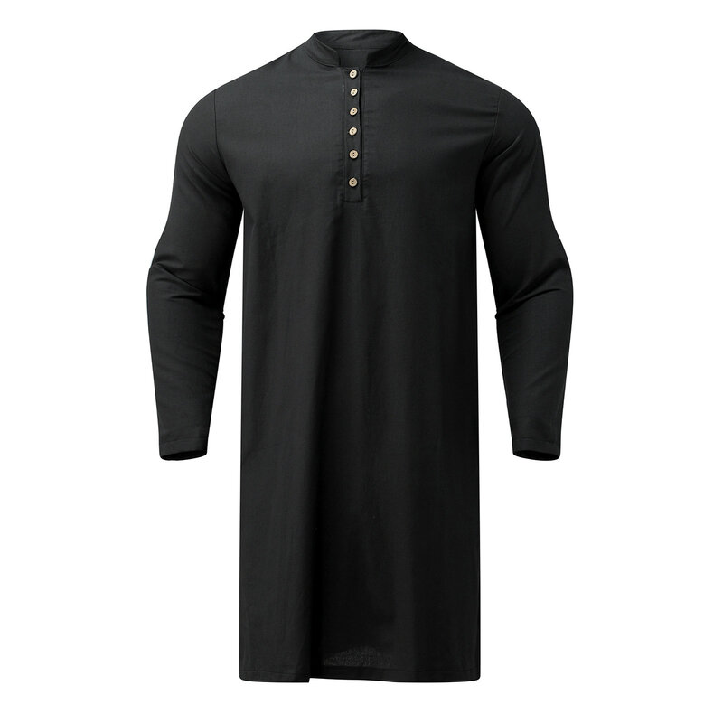 Uomo musulmano Thobe 2024 Casual tinta unita colletto alla coreana abito musulmano manica lunga bottone islamico Thobe abbigliamento uomo musulmano