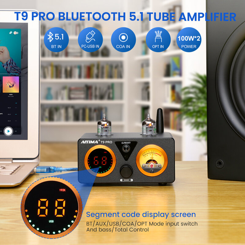 AIYIMA-Amplificador de tubo T9 PRO HiFi con Bluetooth, medidor VU, Amplificador DE POTENCIA ESTÉREO, USB, DAC, coaxial, OPT, Audio para el hogar, 100Wx2