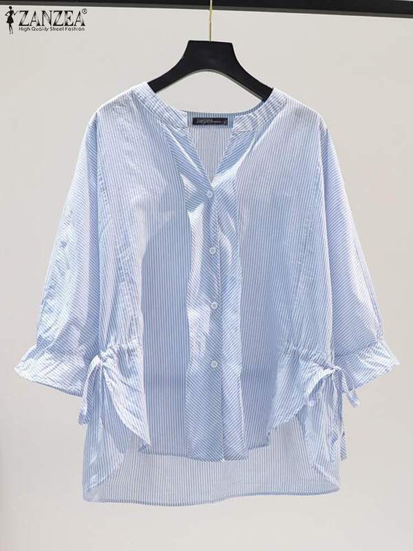 ZANZEA-camisa listrada estilo coreano para mulheres, blusa manga 3/4, gola V, camisa com botões, túnica assimétrica com cordão, tops soltos casuais, moda