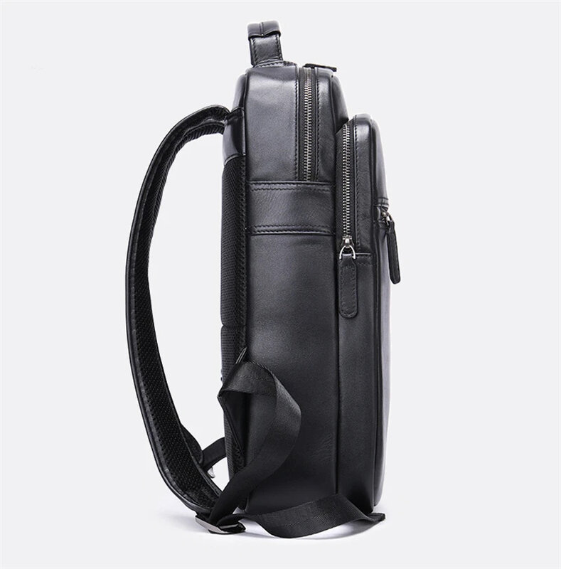 Mochila de cuero de alta capacidad para hombre, bolso de piel de vaca auténtica para ordenador portátil, mochila escolar de 13 y 14 pulgadas, color negro