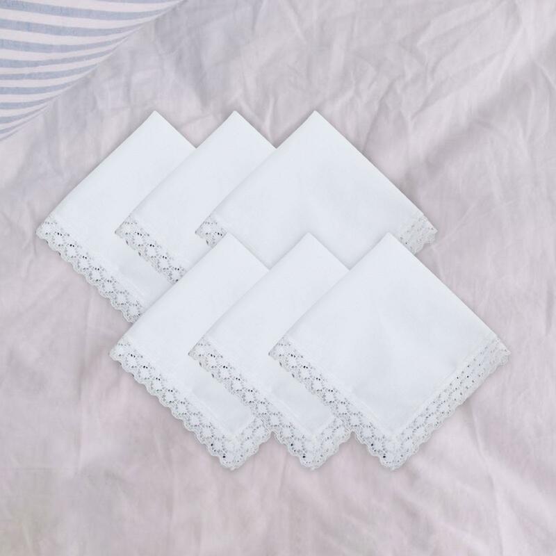 6Pcs White Lace Handkerchiefs Classic Soft 9.65 inch Small Pure Cotton White Hankies for Wedding Gift DIY Dyeing Handmade Crafts