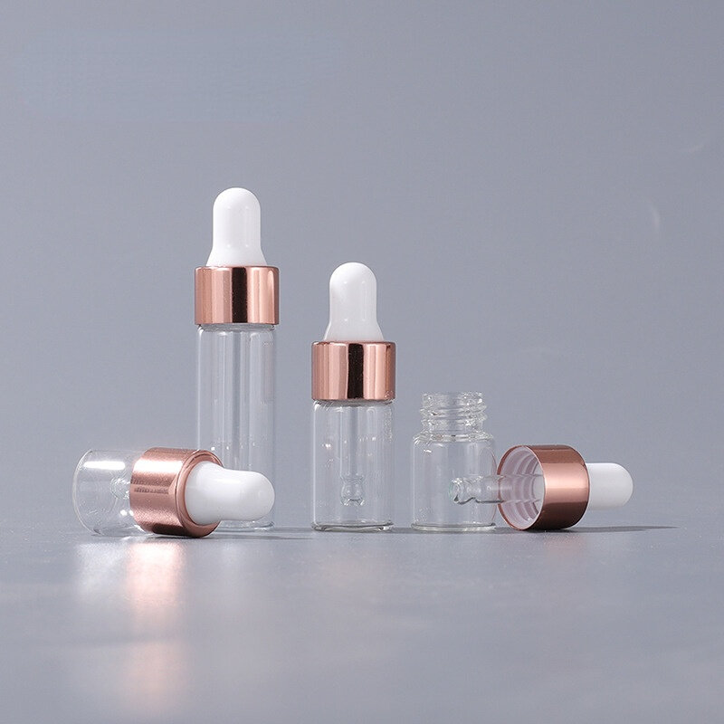 Botellas de vidrio vacías para aromaterapia, Mini gotero con tapa de oro rosa, 1ml, 2ml, 3ml, 5ml, 10/50/100 piezas