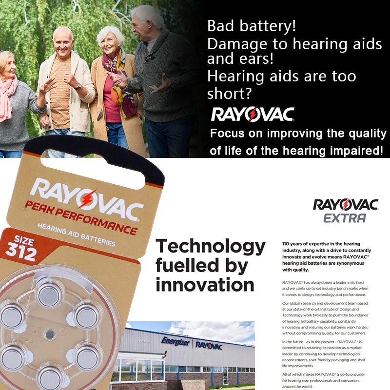 Rayovac-Zinc Air Battery for Hearing Aid, Amplificador de Som, BTE, RIC, Frete Grátis, Drop Shipping, Pico, 1.45V, 675A, A675, 675, PR44, 60 Pcs