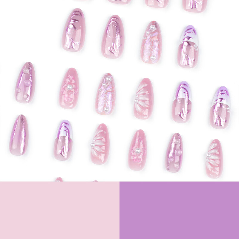 Uñas postizas de estilo francés para mujer y niña, uñas postizas con perlas y flores, color púrpura, 3D, 24 piezas